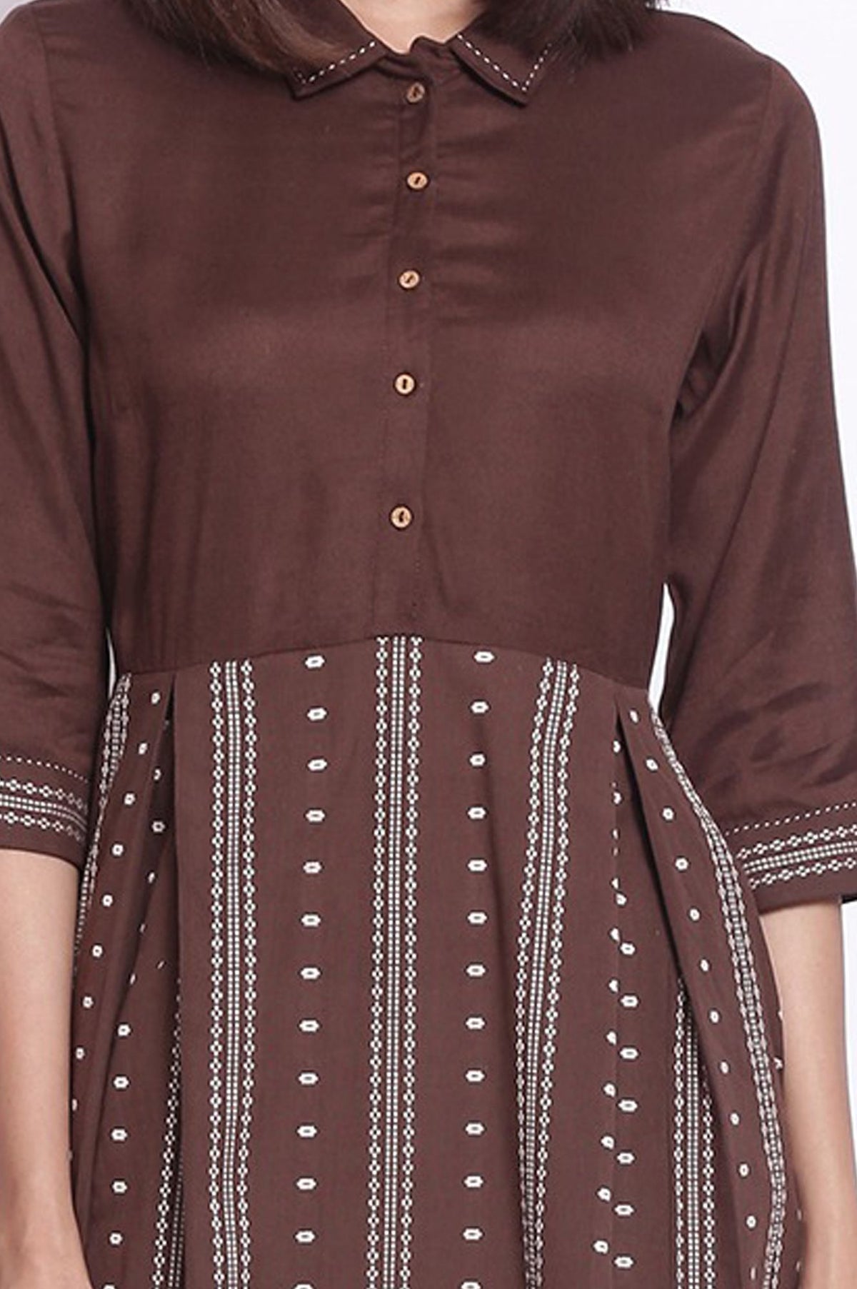 Brown Yarn Dyed Striped Cotton Blend A-line Kurta with Slim Pant