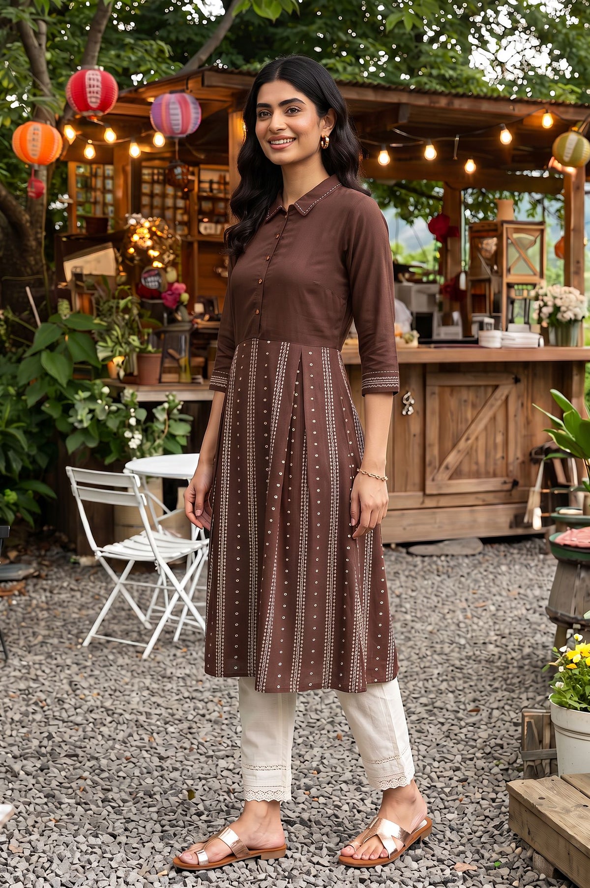 Brown Yarn Dyed Striped Cotton Blend A-line Kurta with Slim Pant