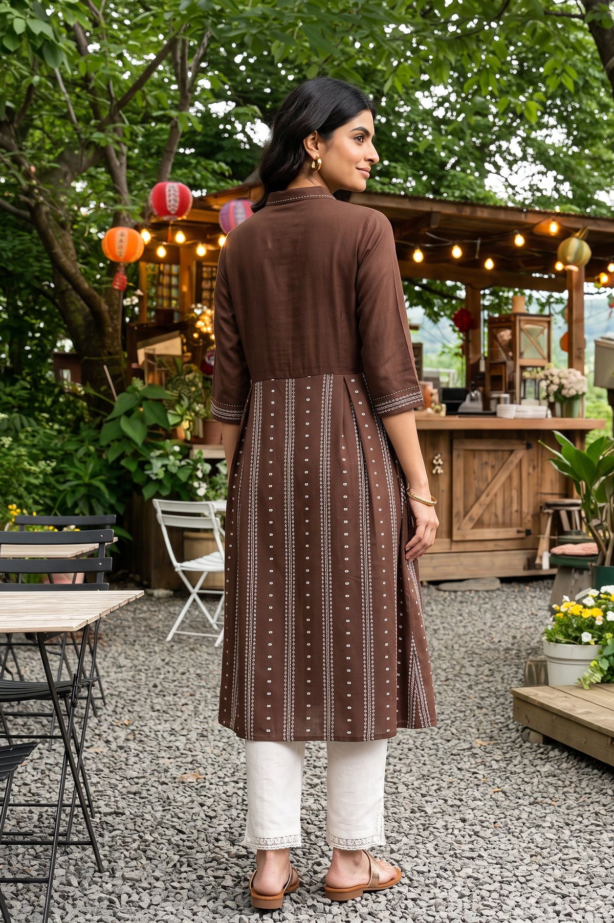 Brown Yarn Dyed Striped Cotton Blend A-line Kurta with Slim Pant