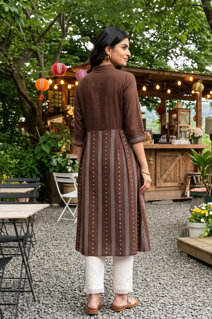 Brown Yarn Dyed Striped Cotton Blend A-line Kurta with Slim Pant