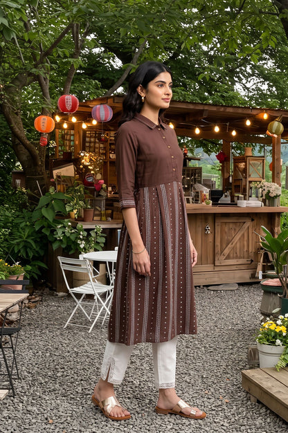 Brown Yarn Dyed Striped Cotton Blend A-line Kurta with Slim Pant