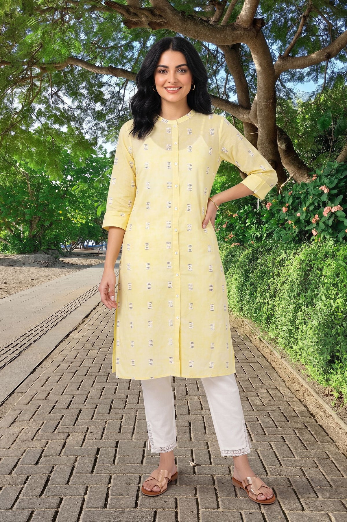 Yellow Geometric Printed Lace Pure Cotton Straight Kurta with Slim Pants Set