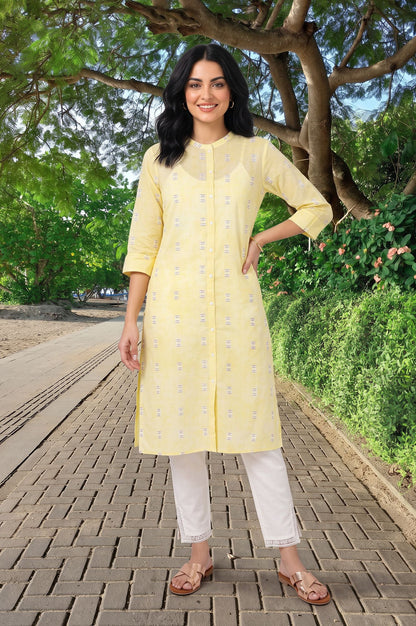 Yellow Geometric Printed Lace Pure Cotton Straight Kurta with Slim Pants Set