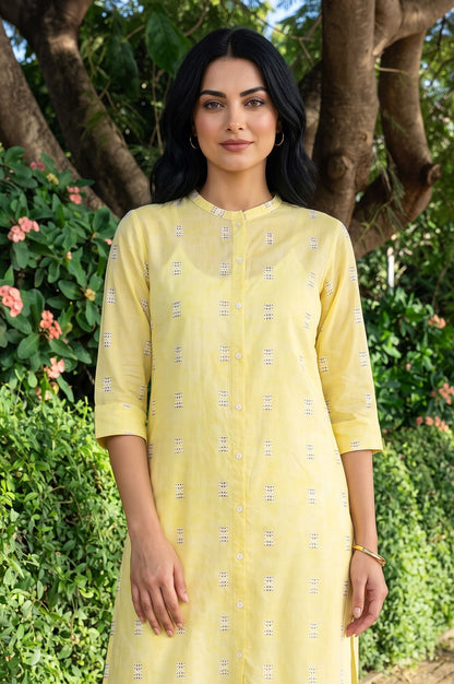Yellow Geometric Printed Lace Pure Cotton Straight Kurta with Slim Pants Set