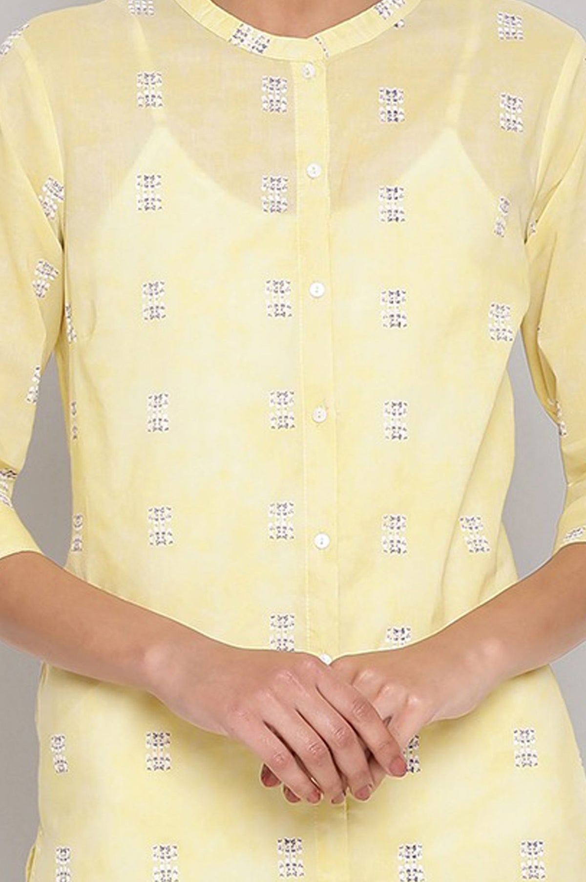Yellow Geometric Printed Lace Pure Cotton Straight Kurta with Slim Pants Set