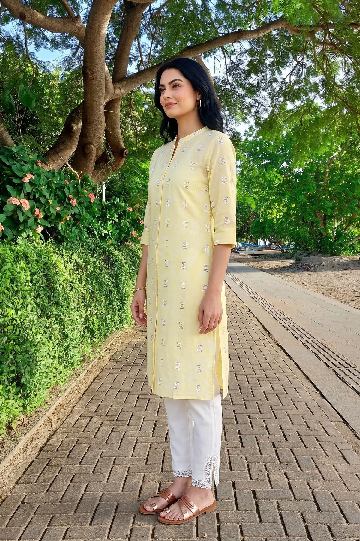 Yellow Geometric Printed Lace Pure Cotton Straight Kurta with Slim Pants Set