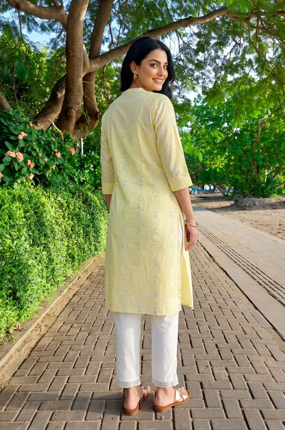 Yellow Geometric Printed Lace Pure Cotton Straight Kurta with Slim Pants Set
