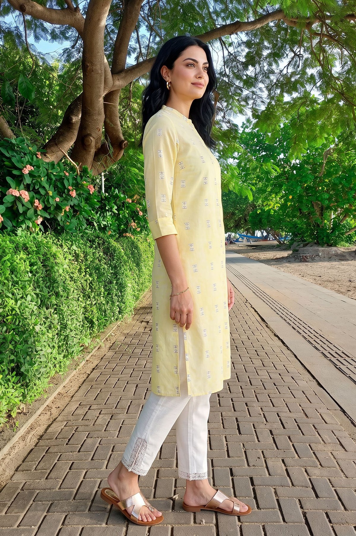 Yellow Geometric Printed Lace Pure Cotton Straight Kurta with Slim Pants Set
