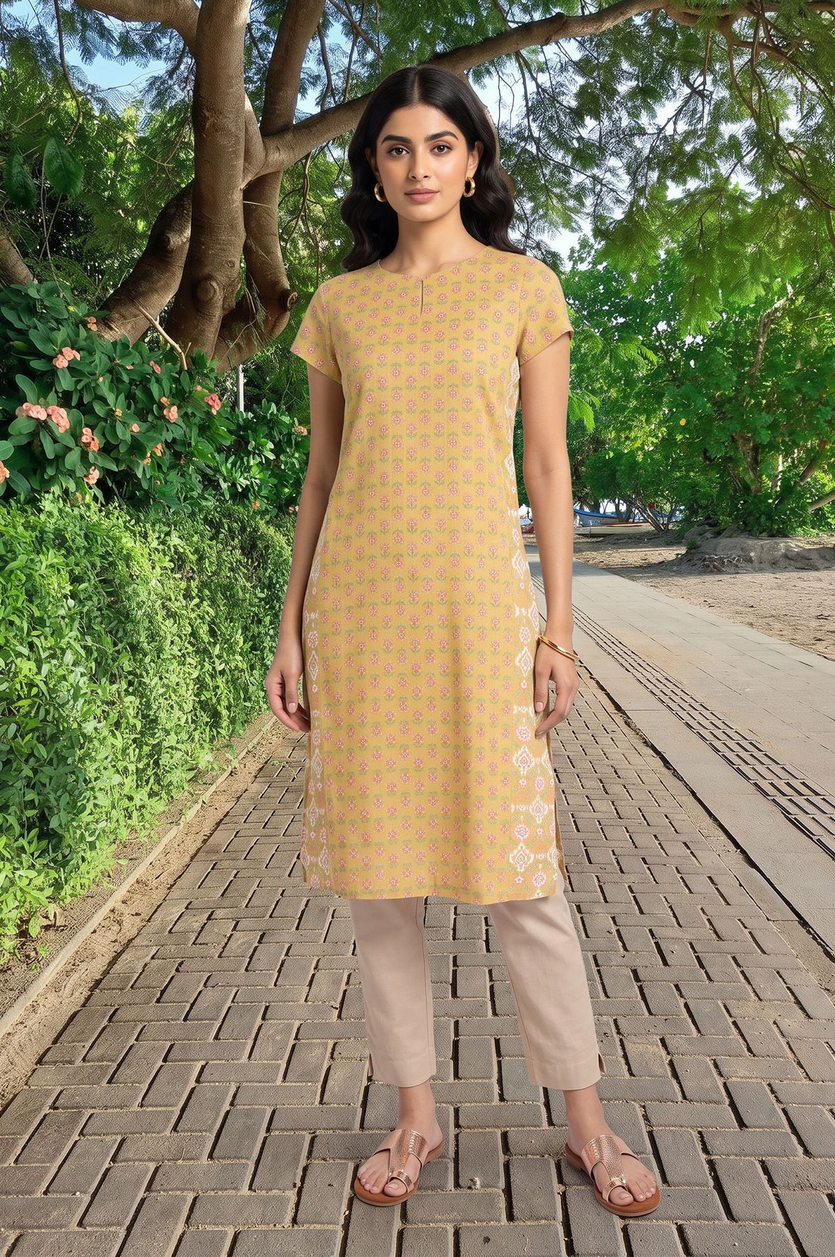 Yellow Floral Printed Rayon Straight Kurta with Slim Pant Set