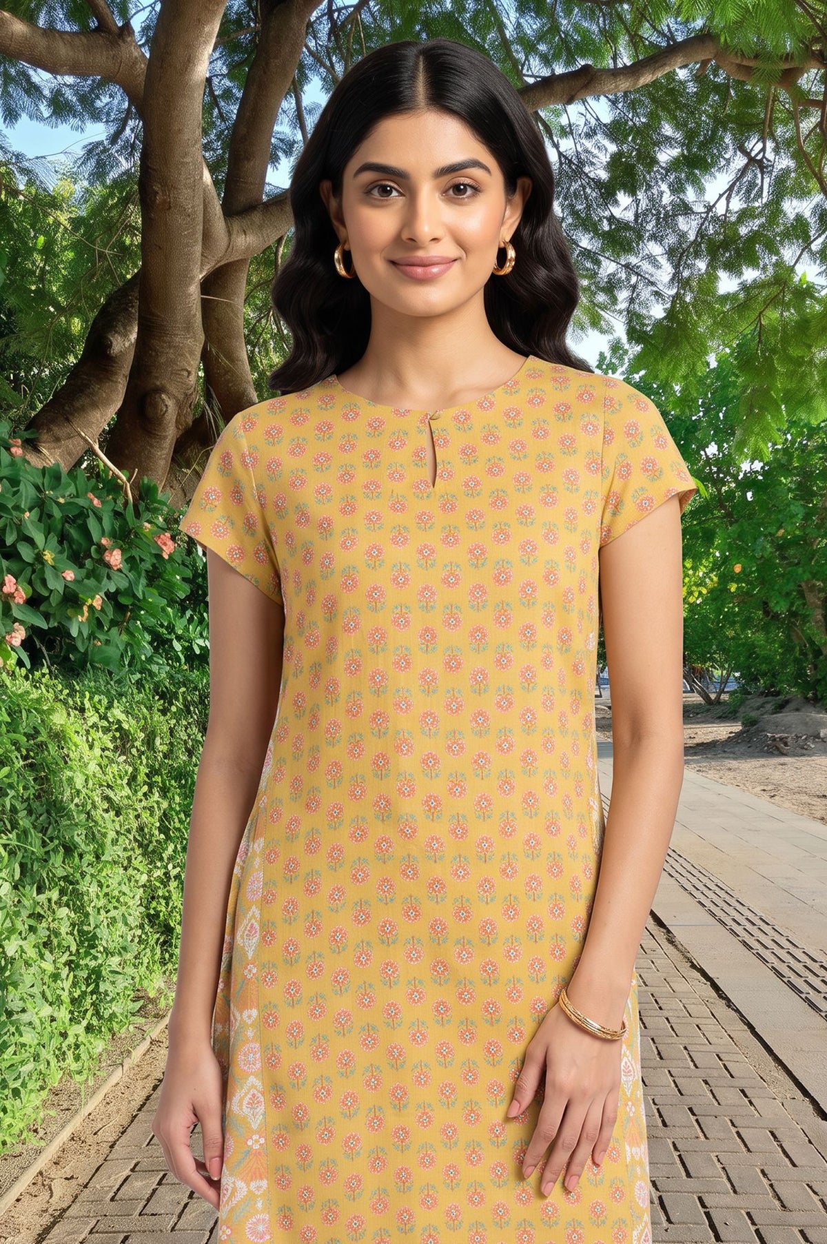 Yellow Floral Printed Rayon Straight Kurta with Slim Pant Set
