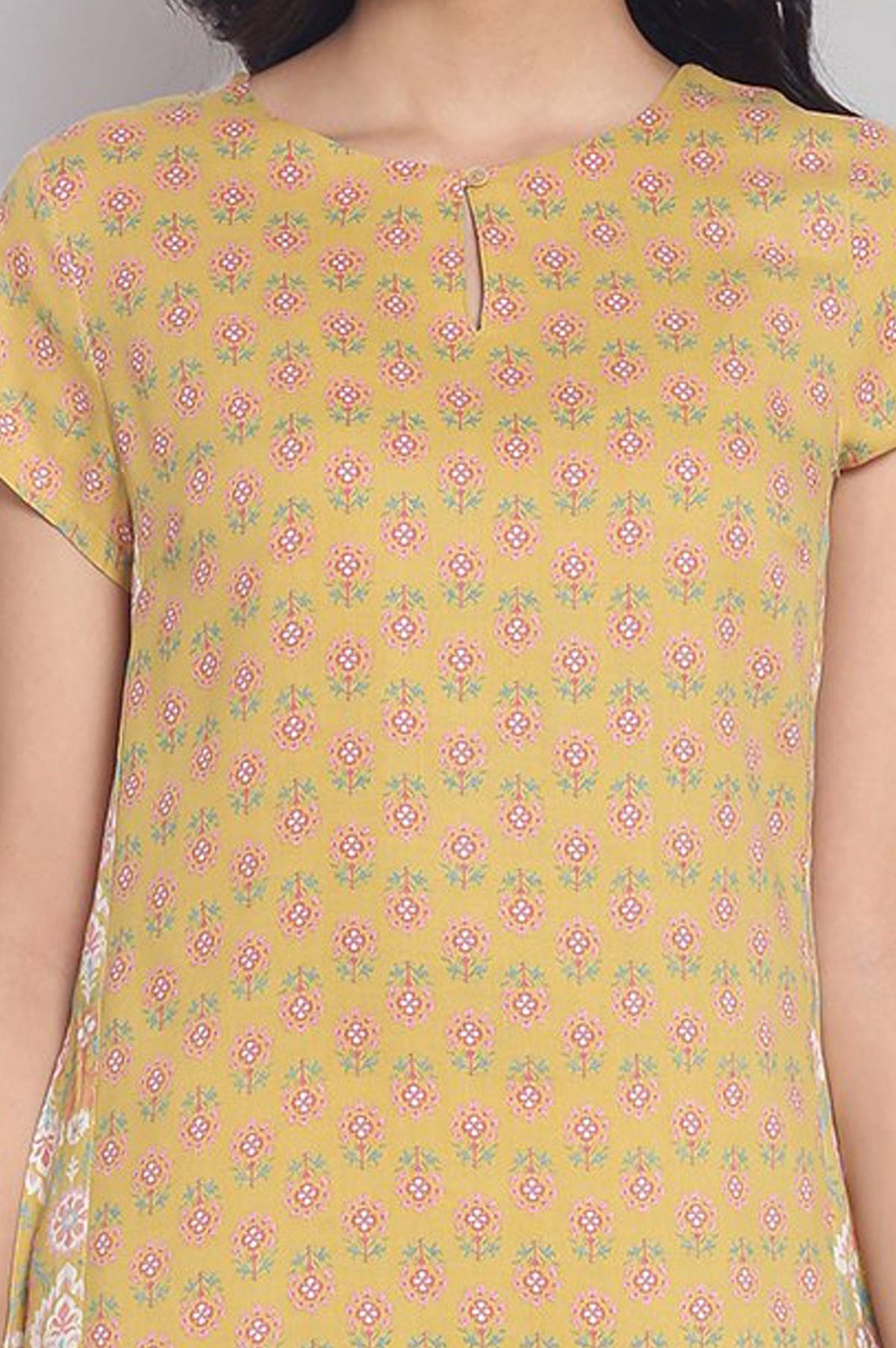 Yellow Floral Printed Rayon Straight Kurta with Slim Pant Set