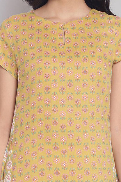 Yellow Floral Printed Rayon Straight Kurta with Slim Pant Set