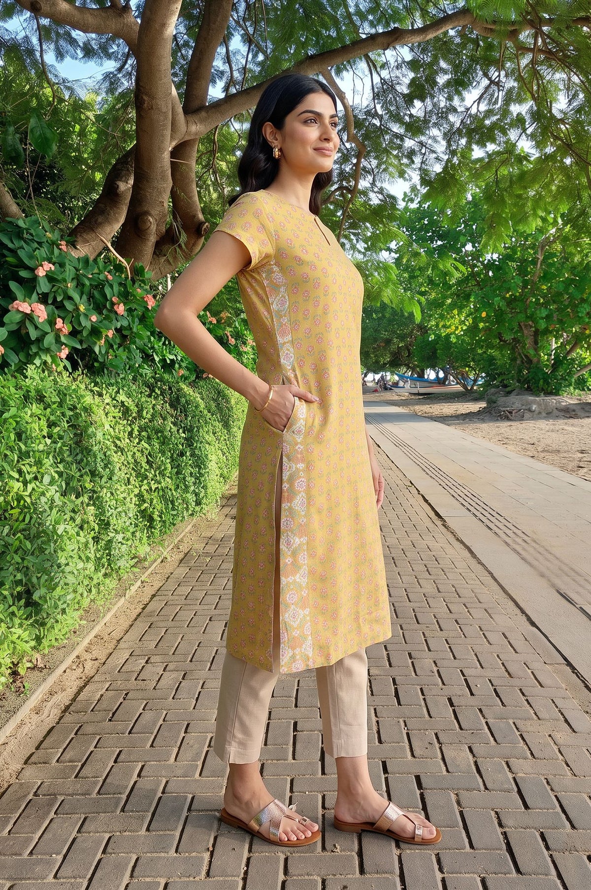 Yellow Floral Printed Rayon Straight Kurta with Slim Pant Set
