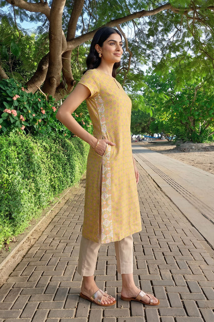 Yellow Floral Printed Rayon Straight Kurta with Slim Pant Set