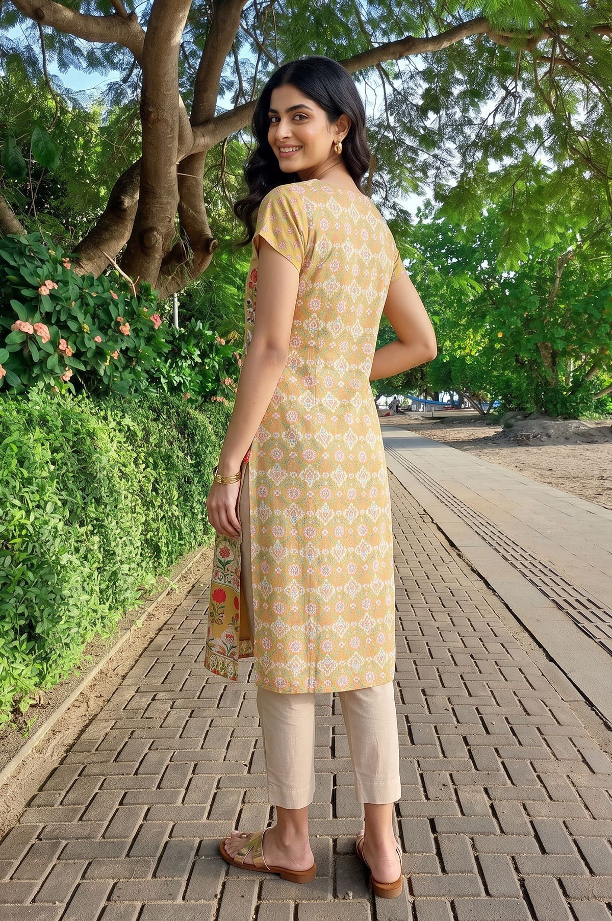 Yellow Floral Printed Rayon Straight Kurta with Slim Pant Set