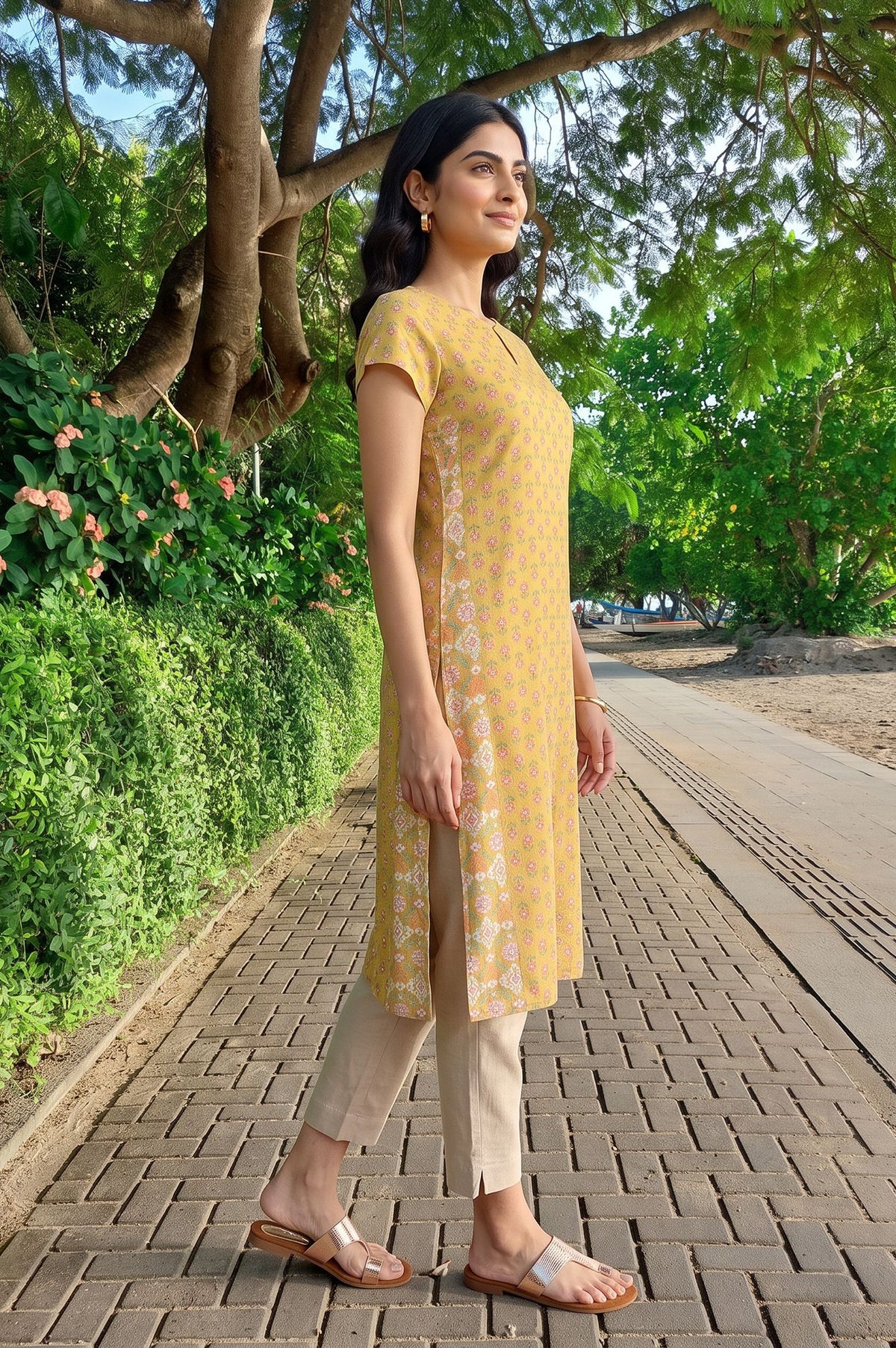 Yellow Floral Printed Rayon Straight Kurta with Slim Pant Set