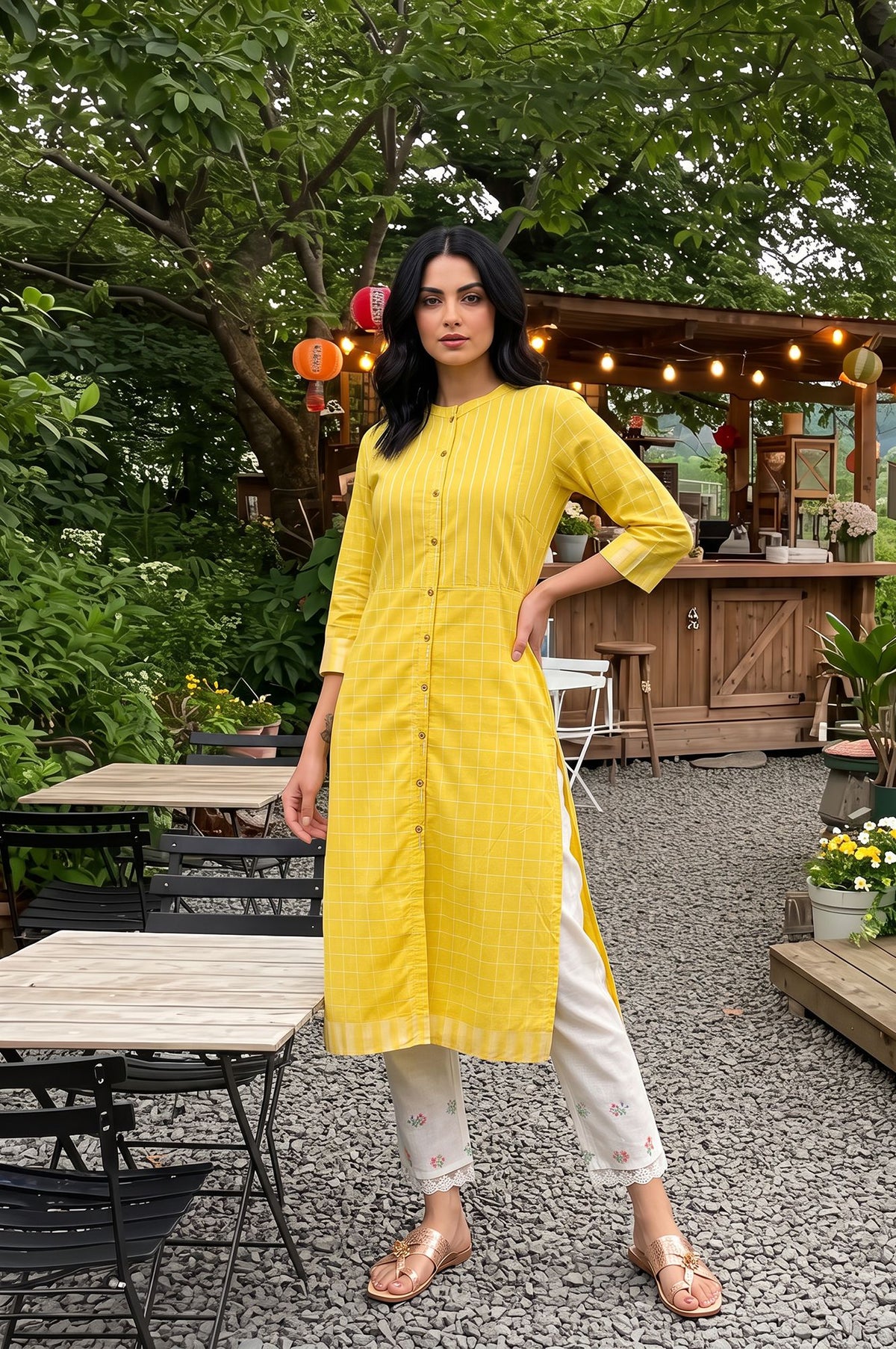 Yellow Yarn Dyed Checkered Pure Cotton Straight Kurta with Slim Pant