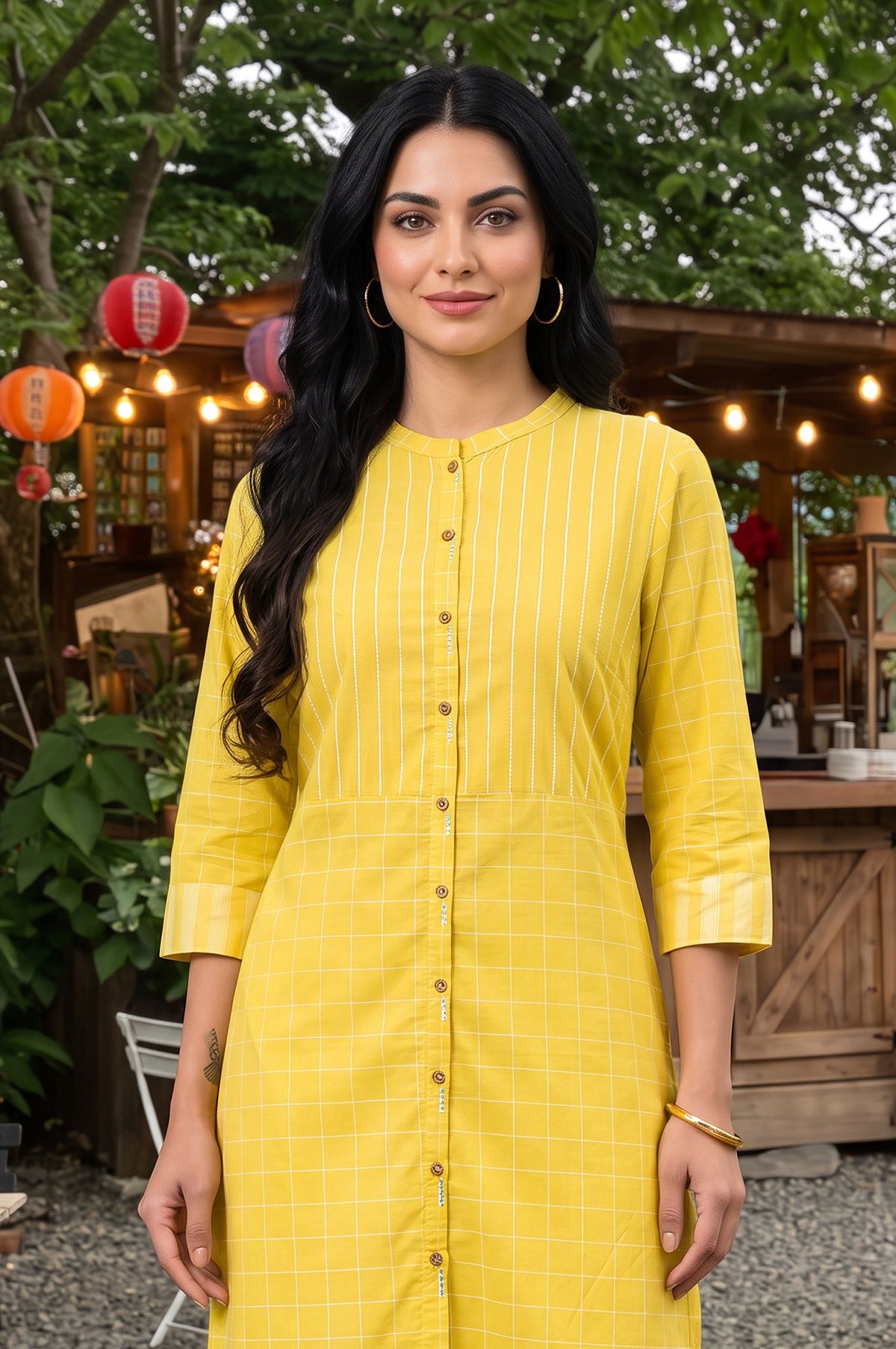 Yellow Yarn Dyed Checkered Pure Cotton Straight Kurta with Slim Pant