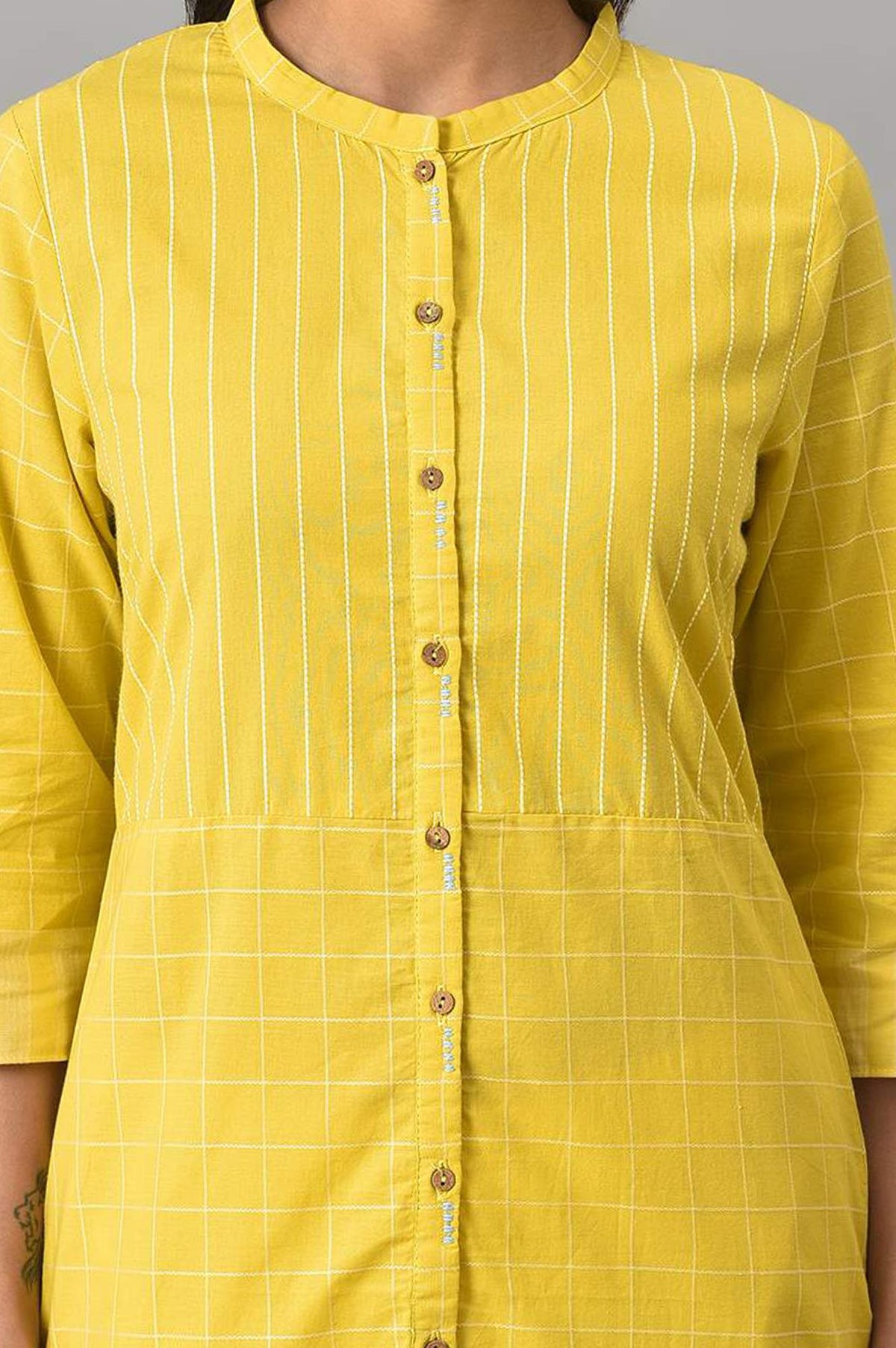 Yellow Yarn Dyed Checkered Pure Cotton Straight Kurta with Slim Pant