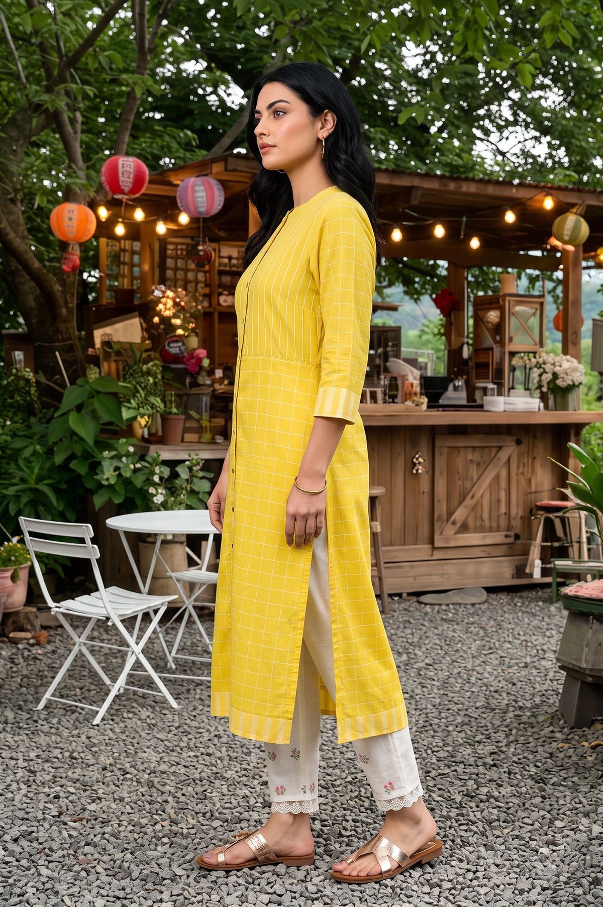 Yellow Yarn Dyed Checkered Pure Cotton Straight Kurta with Slim Pant