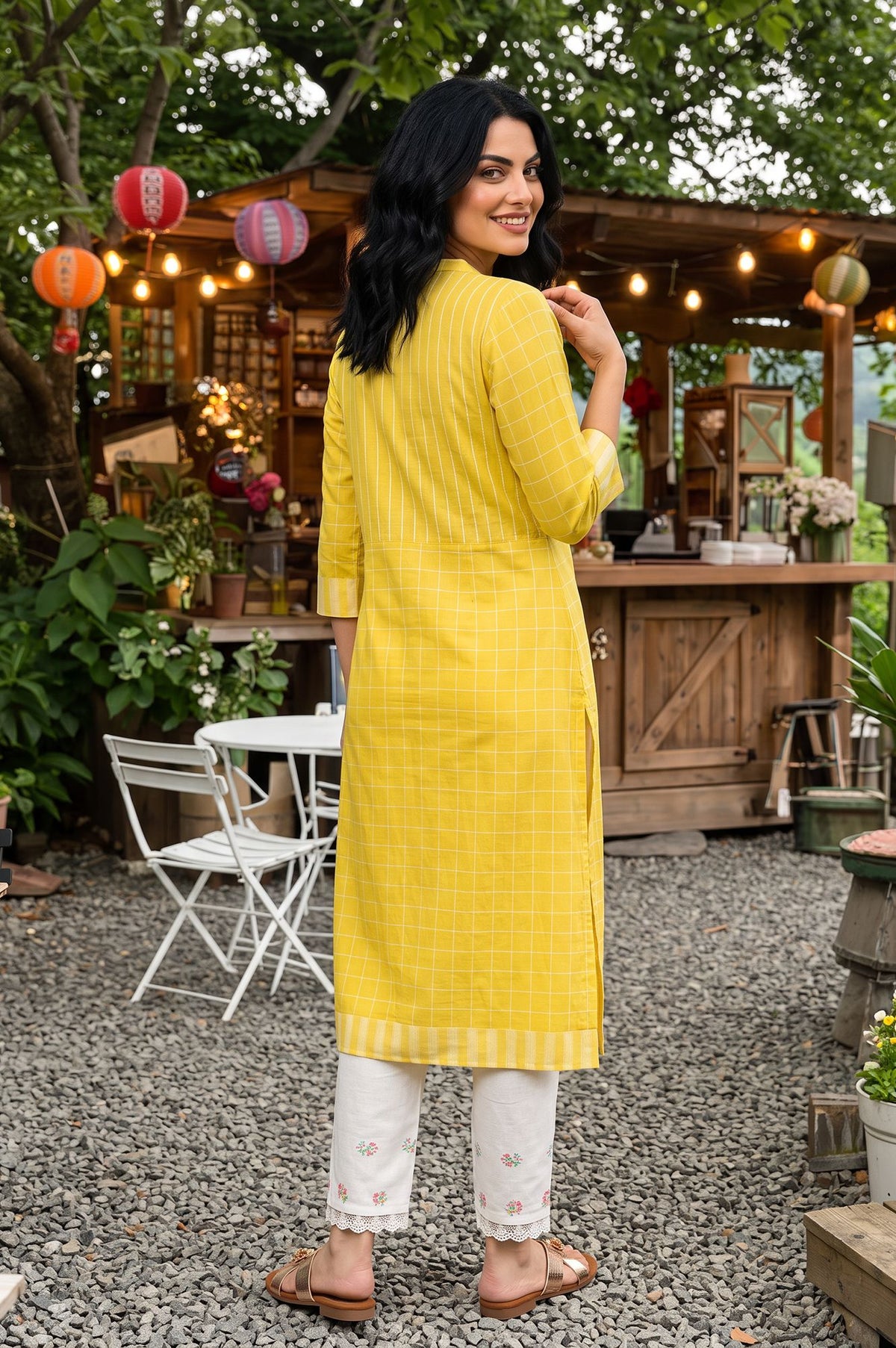 Yellow Yarn Dyed Checkered Pure Cotton Straight Kurta with Slim Pant