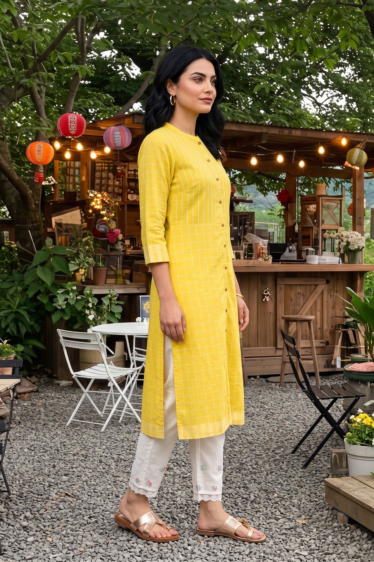 Yellow Yarn Dyed Checkered Pure Cotton Straight Kurta with Slim Pant