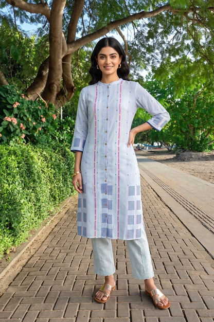 Blue Striped Jacquard Yarn Dyed Rayon Dobby Kurta with Straight Pant Set