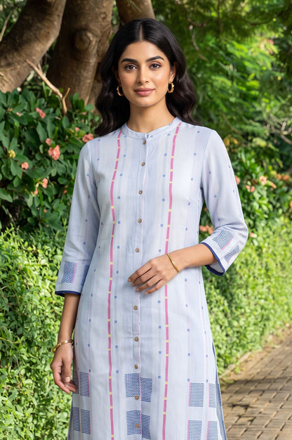 Blue Striped Jacquard Yarn Dyed Rayon Dobby Kurta with Straight Pant Set