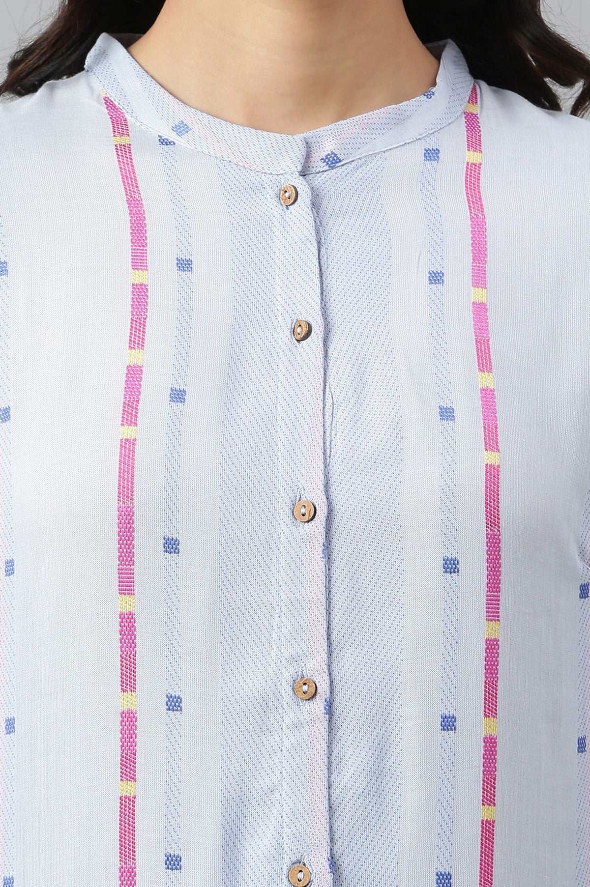 Blue Striped Jacquard Yarn Dyed Rayon Dobby Kurta with Straight Pant Set