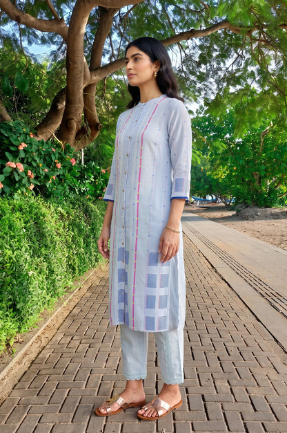 Blue Striped Jacquard Yarn Dyed Rayon Dobby Kurta with Straight Pant Set
