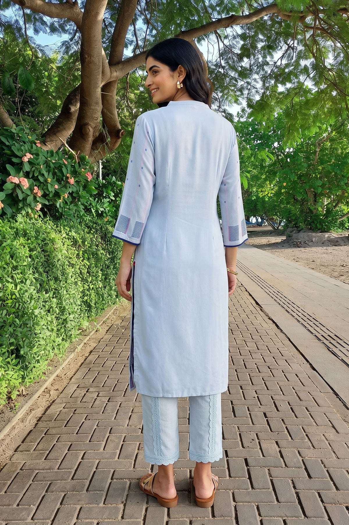 Blue Striped Jacquard Yarn Dyed Rayon Dobby Kurta with Straight Pant Set