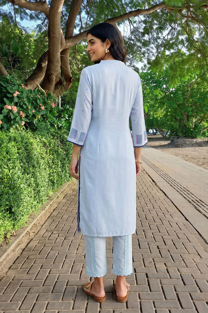 Blue Striped Jacquard Yarn Dyed Rayon Dobby Kurta with Straight Pant Set