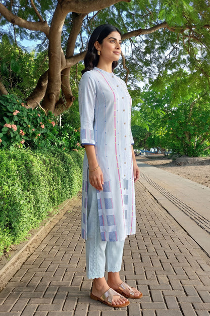 Blue Striped Jacquard Yarn Dyed Rayon Dobby Kurta with Straight Pant Set