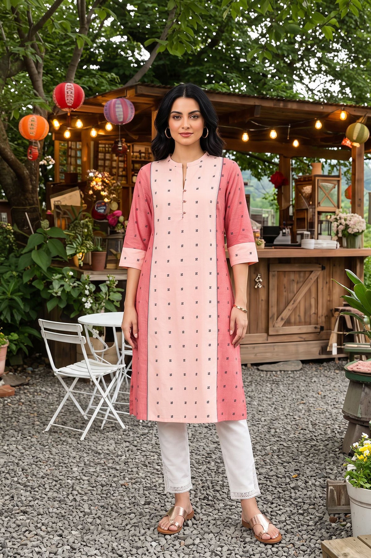 W Pink Yarn Dyed Geometric Printed Straight Kurta with Slim Pant Set