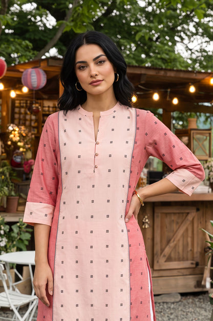 W Pink Yarn Dyed Geometric Printed Straight Kurta with Slim Pant Set