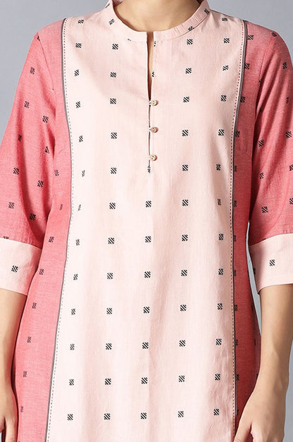 W Pink Yarn Dyed Geometric Printed Straight Kurta with Slim Pant Set