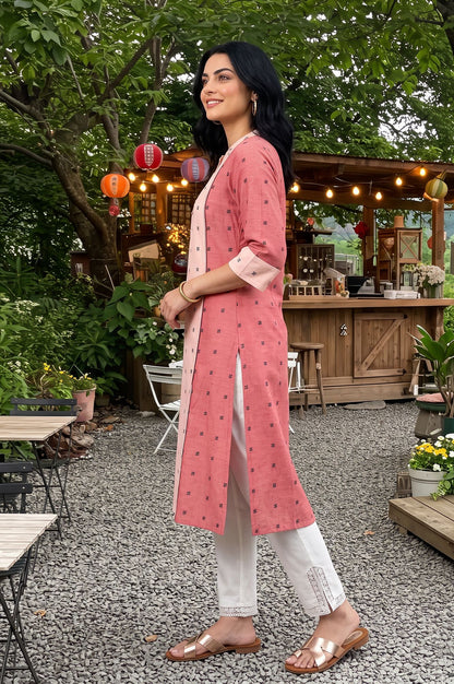 W Pink Yarn Dyed Geometric Printed Straight Kurta with Slim Pant Set