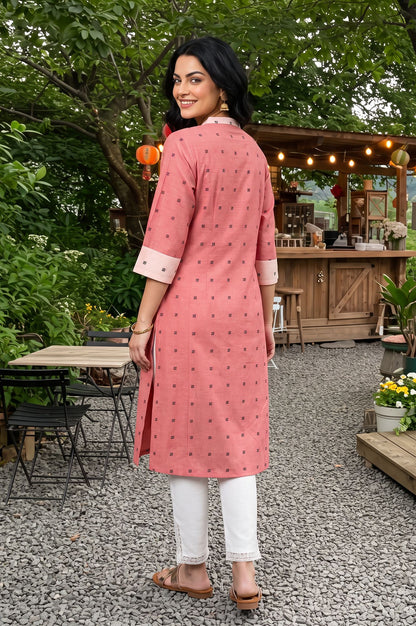 W Pink Yarn Dyed Geometric Printed Straight Kurta with Slim Pant Set
