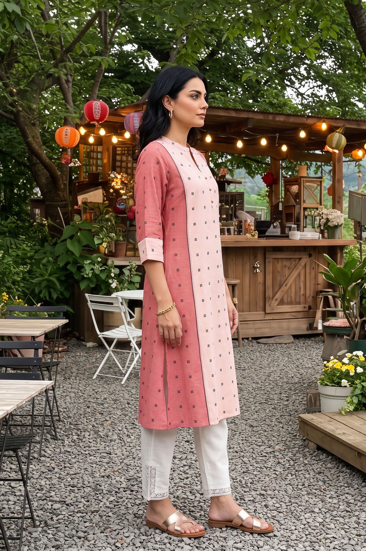 W Pink Yarn Dyed Geometric Printed Straight Kurta with Slim Pant Set