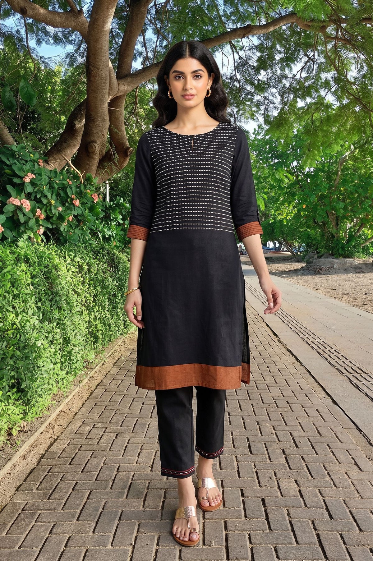 Black Striped Yarn Dyed Rayon Dobby Straight Kurta with Slim Pant Set