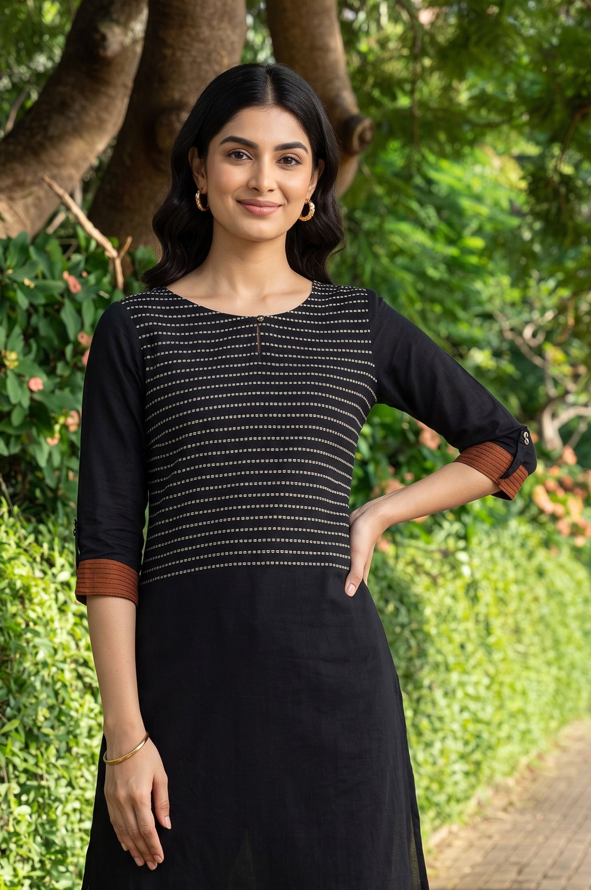 Black Striped Yarn Dyed Rayon Dobby Straight Kurta with Slim Pant Set