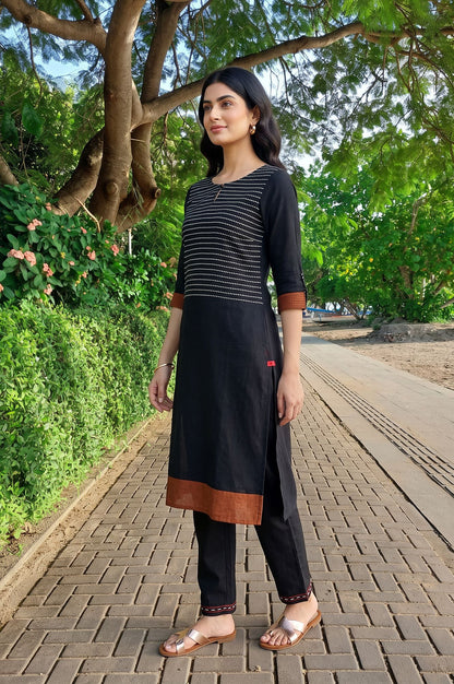 Black Striped Yarn Dyed Rayon Dobby Straight Kurta with Slim Pant Set