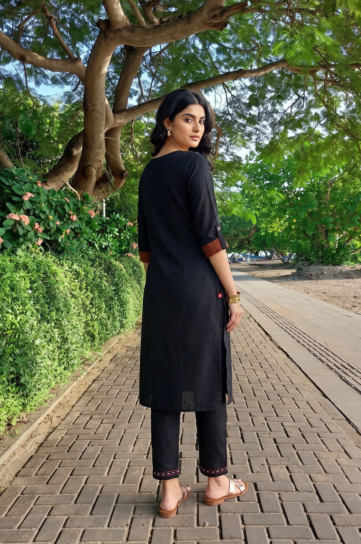 Black Striped Yarn Dyed Rayon Dobby Straight Kurta with Slim Pant Set