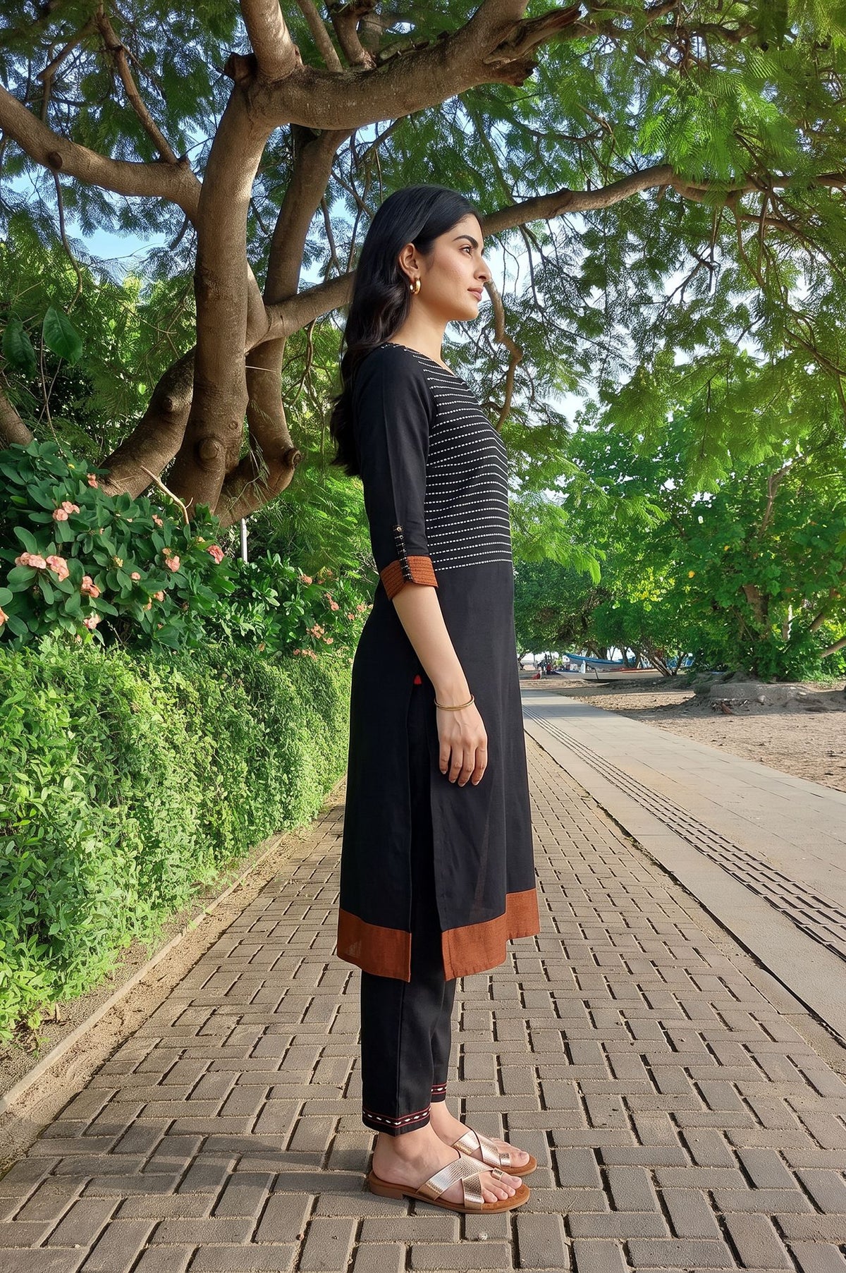 Black Striped Yarn Dyed Rayon Dobby Straight Kurta with Slim Pant Set