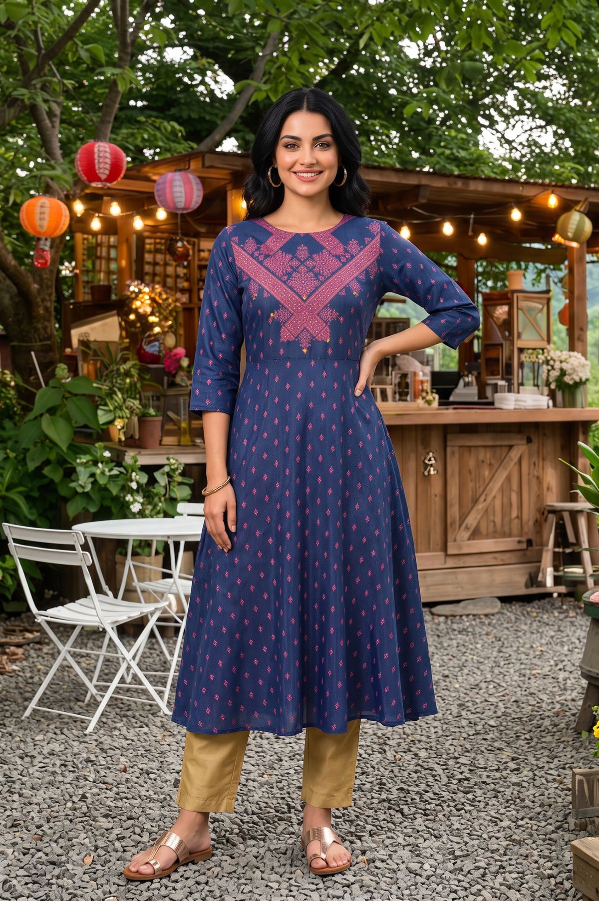 Navy Blue Sequins Ethnic Motifs Printed Shantung A-line Kurta with Slim Pants Set