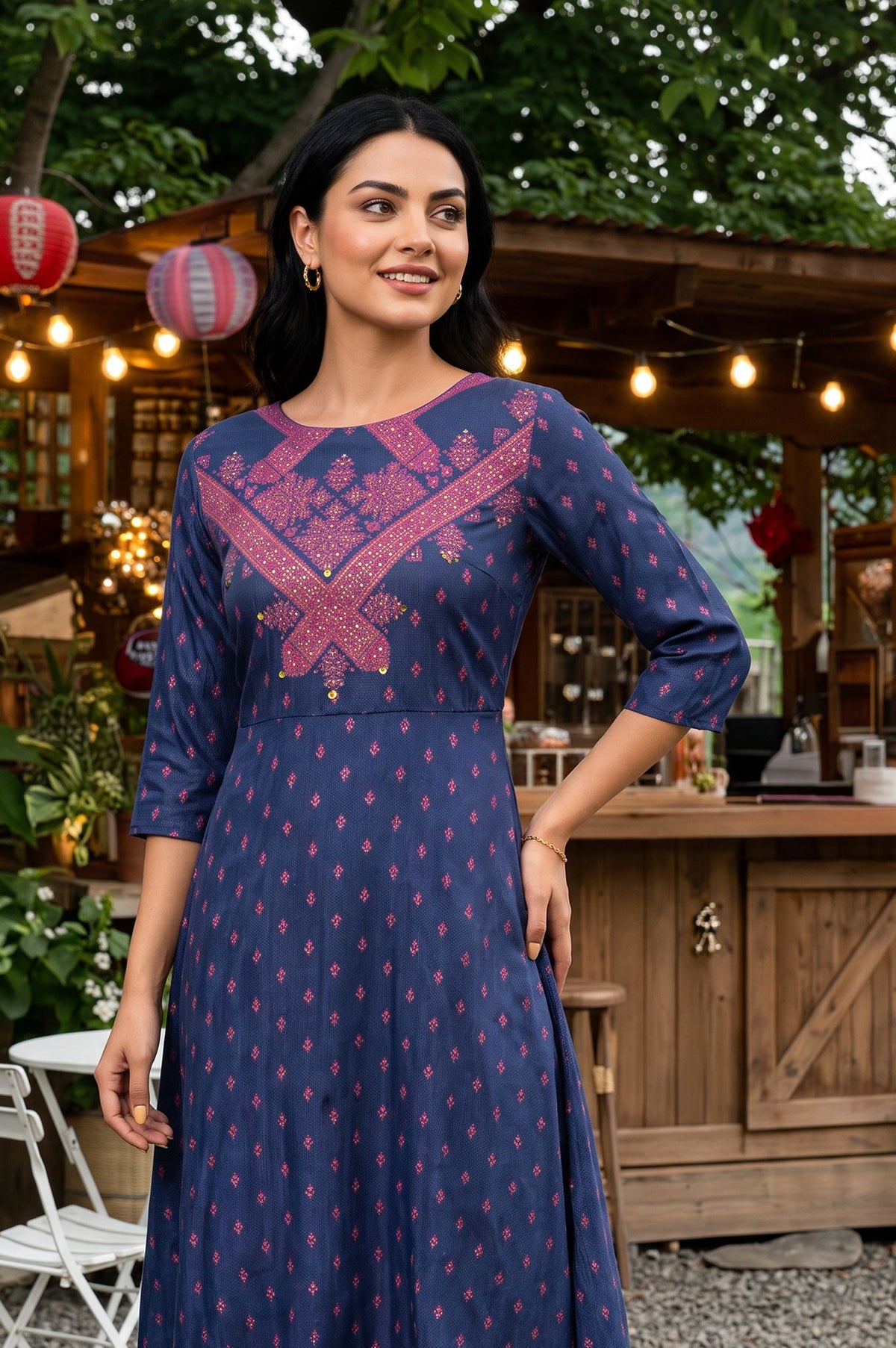 Navy Blue Sequins Ethnic Motifs Printed Shantung A-line Kurta with Slim Pants Set