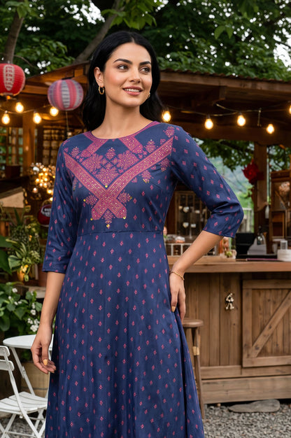 Navy Blue Sequins Ethnic Motifs Printed Shantung A-line Kurta with Slim Pants Set