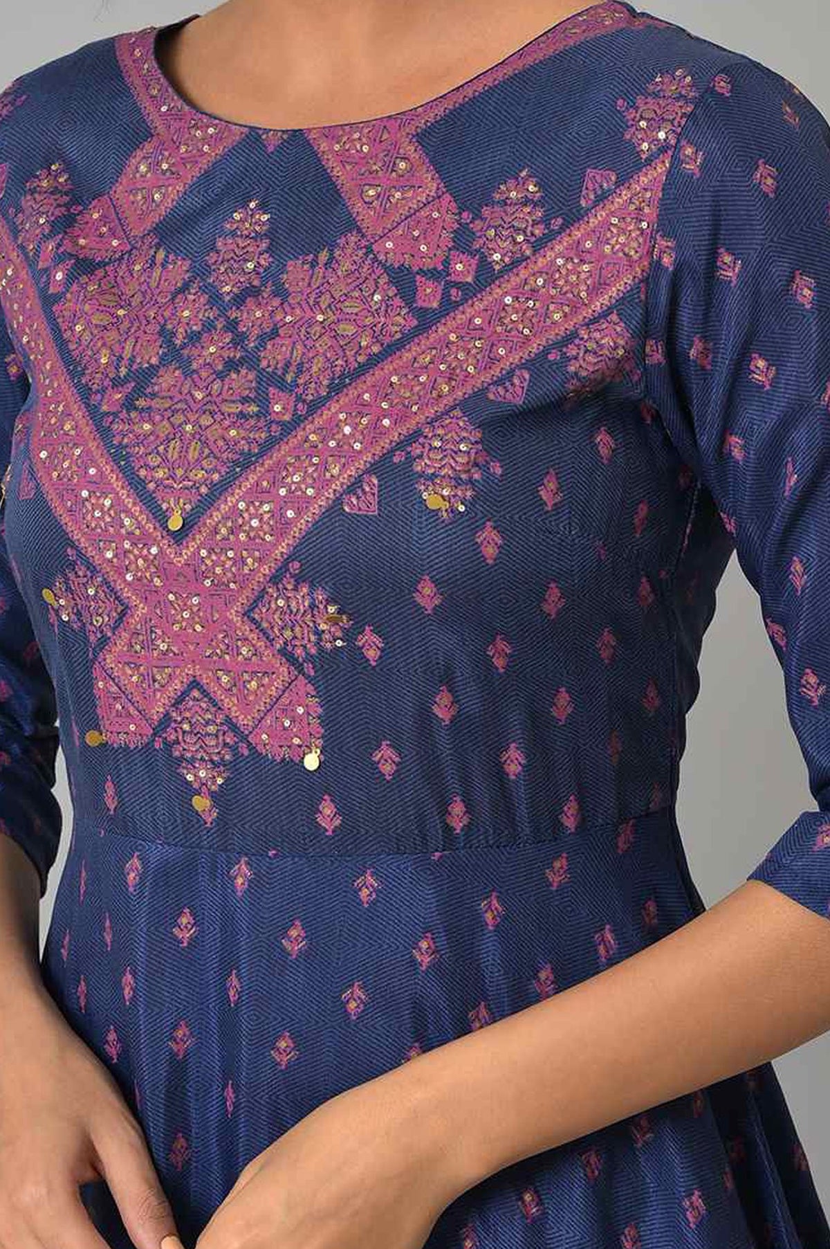 Navy Blue Sequins Ethnic Motifs Printed Shantung A-line Kurta with Slim Pants Set