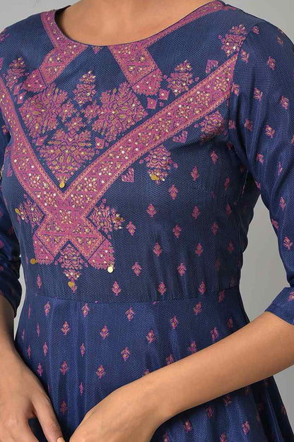 Navy Blue Sequins Ethnic Motifs Printed Shantung A-line Kurta with Slim Pants Set