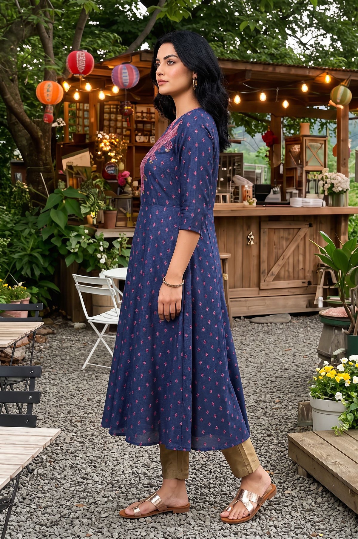 Navy Blue Sequins Ethnic Motifs Printed Shantung A-line Kurta with Slim Pants Set